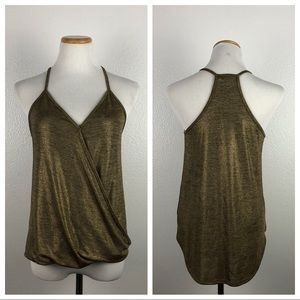 LILY WHITE Metallic Gold Wrap Sleeveless Blouse
